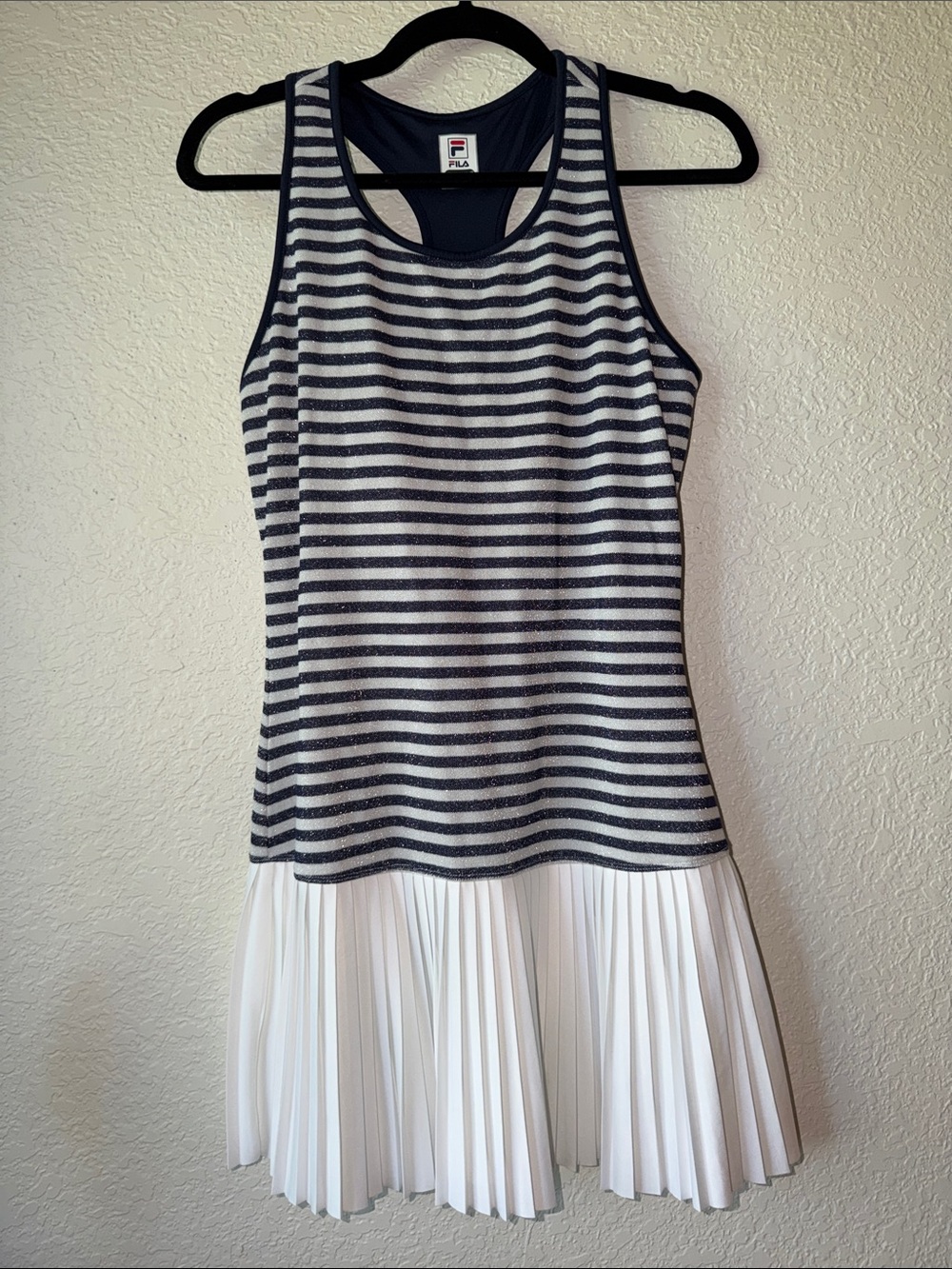 Fila Navy & White Striped Racerback Tennis Dress w/ Pleated White Skirt.Size SM